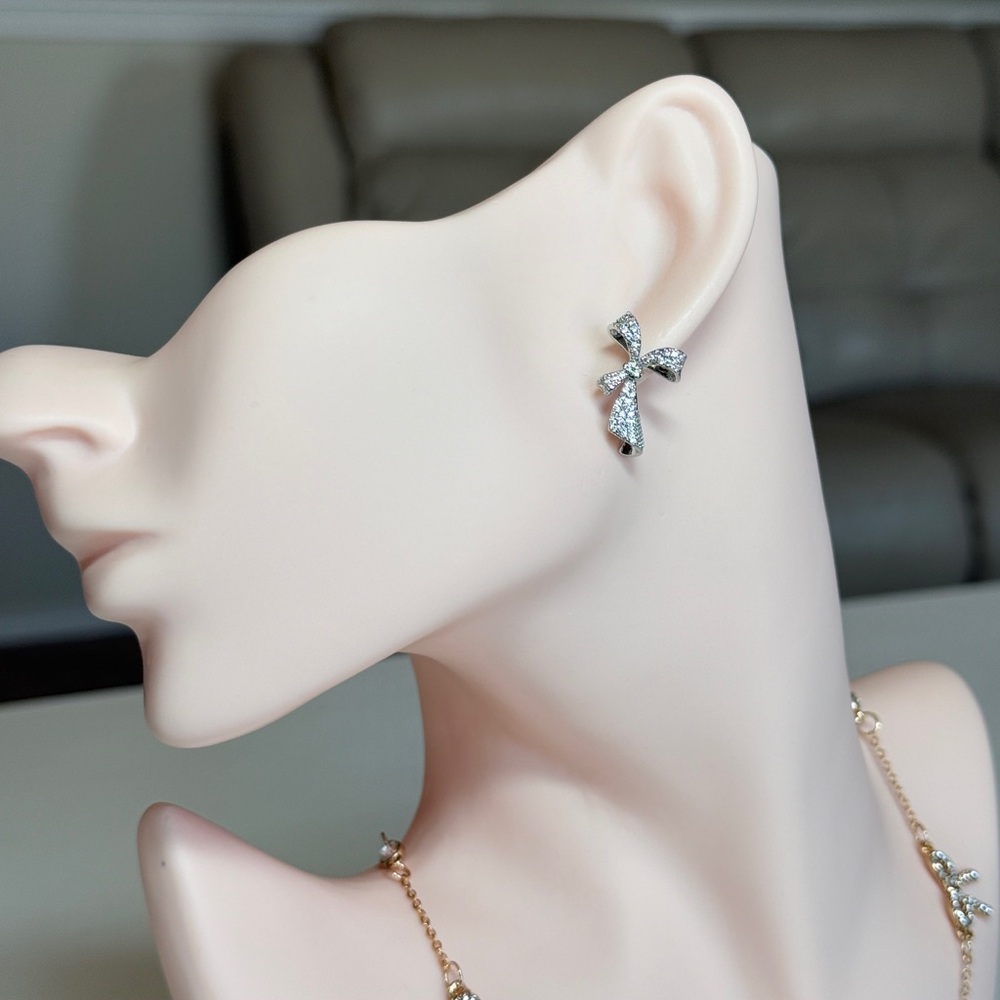 Silver Bow Drop Earrings With Cubic Zirconia